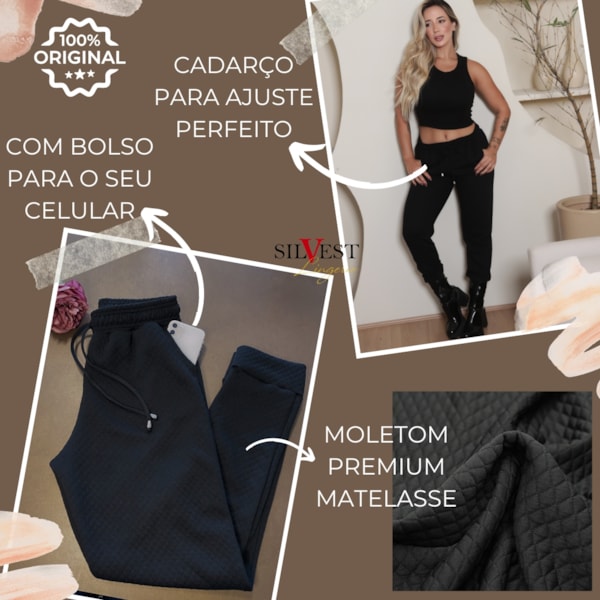 Calça Jogger Feminina Preta com Bolso Moletom Melhor Tecido