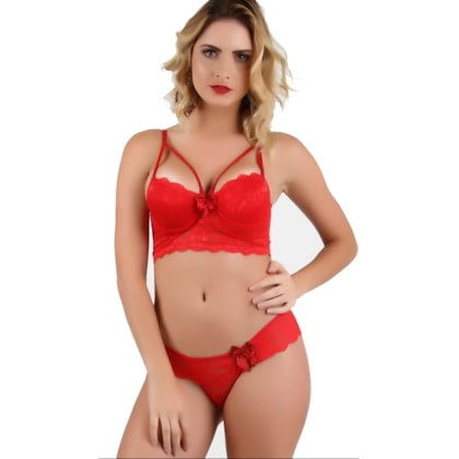 Conjunto Cropped Strappy e Tanga Transparente em renda | 1264 Conjunto Cropped Strappy e Tanga Transparente em renda | 1264