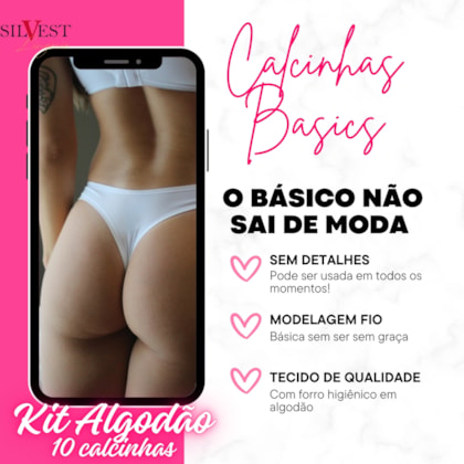 Kit 10 Calcinhas de Algodão Tanga Fio Básica Sem Detalhes