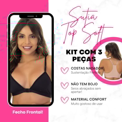Kit 3 Sutias sem bojo Nadador Fecho Frontal Soutien 4407 Kit 3 Sutias sem bojo Nadador Fecho Frontal Soutien 4407